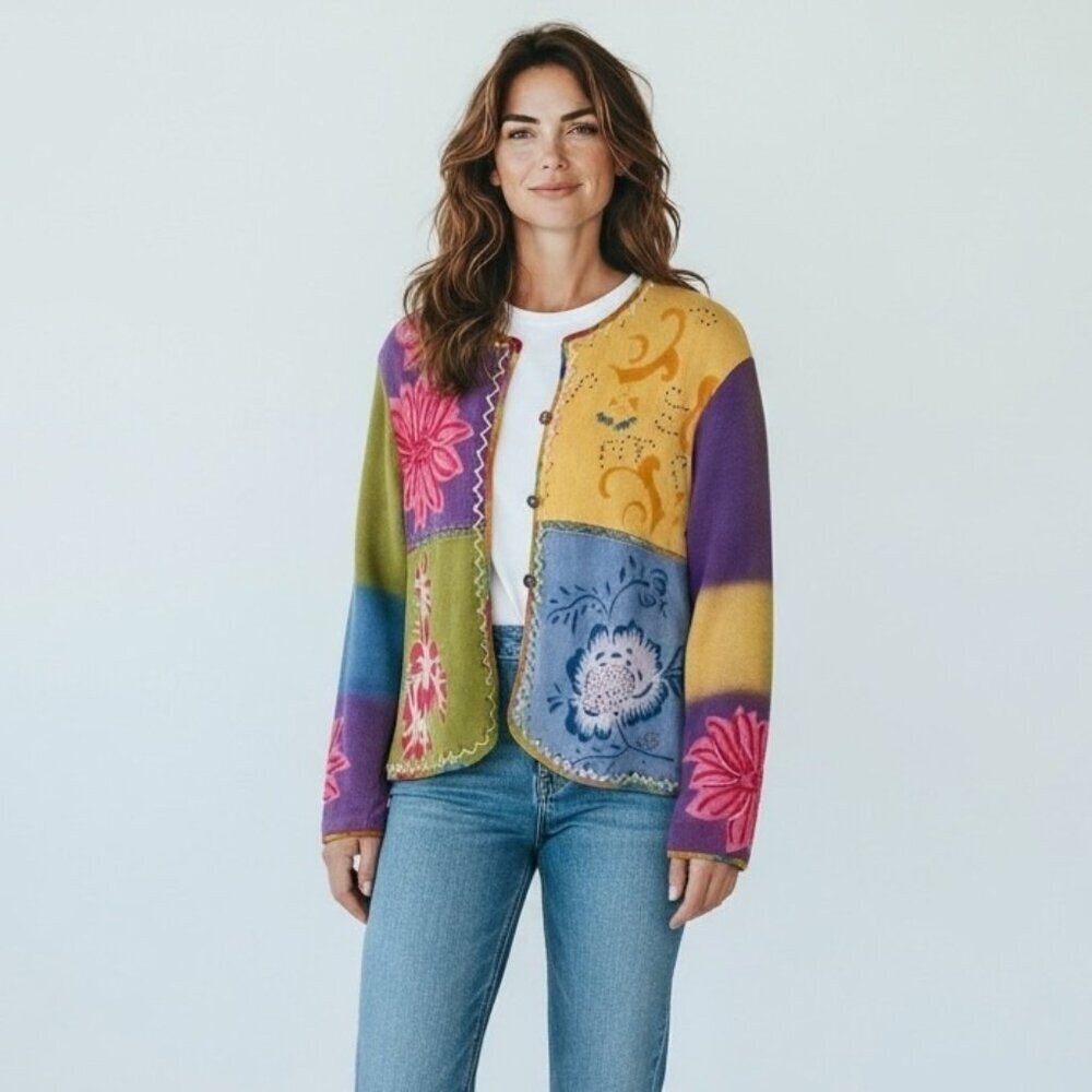 Sandy Starkman Multicolor Floral Patchwork Cotton Cardigan Sweater Size Large